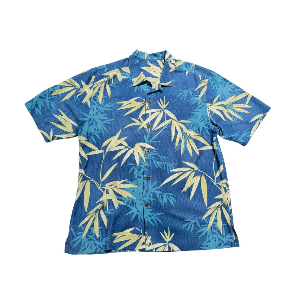 Tommy Bahama Shirt Mens L Blue Silk Excellent Bamboo Leaf Print Camp Button Down
